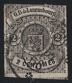 LUXEMBOURG 1860  Sc 5  Fine Used 2c  Imperf, 1866 postmark, cv $550, tiny thin