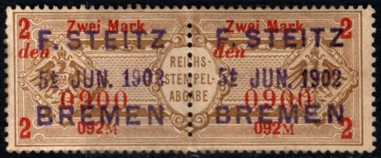 Rare Complete 1885 Germany Revenue 2 Mark Stock Transfer Tax Stamp MNH