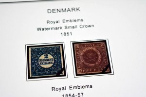 COLOR PRINTED DENMARK [CLASS] 1851-1955 STAMP ALBUM PAGES (27 illustrated pages)