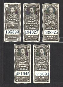 Canada 1930s King George V, Old Revenue (5v up to $5, Black) MNH