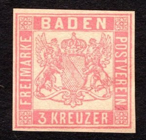 1850, Germany Baden 3Kr, Imperforate Rare, MNG, Forgery, Scarce