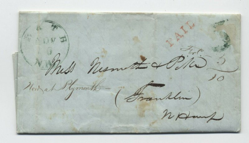 1846 Bath NH green CDS stampless handstamp 5 rate [5246.136]