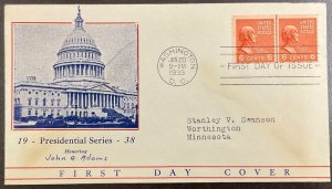 846 Unknown cachet John Quincy Adams Line Pair Coils Prexie Series FDC 1939