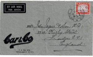 Selangor 1938 Kuala Lumpur cancel on airmail, ad cover to England