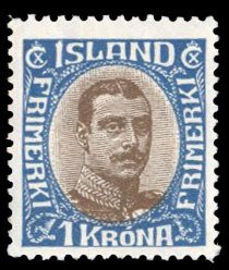 Iceland #126 Cat$110, 1920 1k deep blue and dark brown, hinged