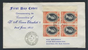 Turks & Caicos Islands 1953 QEII Coronation block of four on First Day Cover.