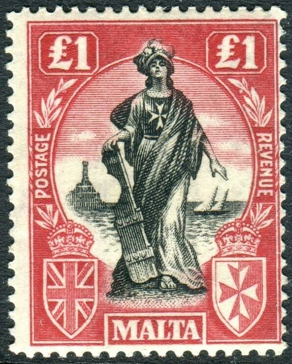 MALTA-1925 £1 Black & Bright Carmine UPRIGHT WMK. A lightly mounted mint  Sg 140