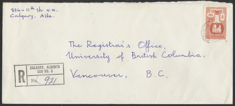 1963 Registered Cover Calgary ALTA Sub 5 to Vancouver BC #10 Size