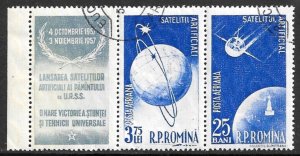 ROMANIA 1957 RUSSIAN SPUTNIK SPACE FLIGHT Airmail Strip Sc C51a CTO Used