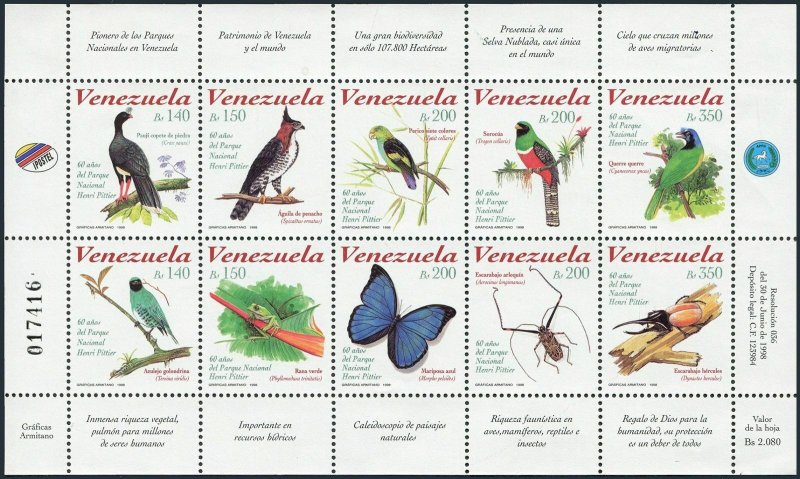Venezuela 1589 aj sheet,MNH.Mi 3209-3218 klb. Fauna:Birds,Butterflies,Beetles,