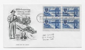 US 1012 (Me-4) 3c Civil Engineers blk 4 on FDC Artmaster Cachet ECV $10.00