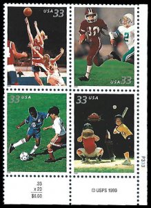 PCBstamps   US #3399/3402 PB $1.32(4x33c)Youth Team Sports, MNH, (PB-4)