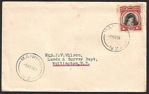 COOK IS 1938 1d Cook on cover, MANIHIKI NZ type cds.......................78219W