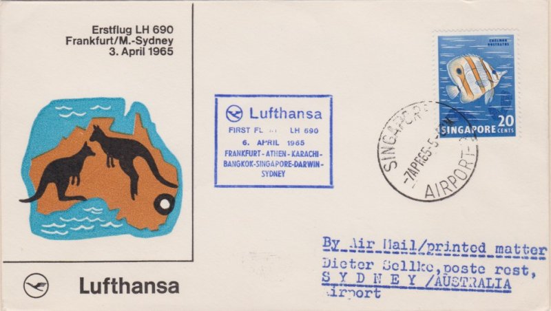 Singapore 20c Butterflyfish 1965 Singapore, Airport-B Lufthansa First Flight ...