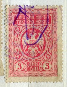 YUGOSLAVIA; Early 1900s classic Fiscal Revenue issue fine used 3d. value