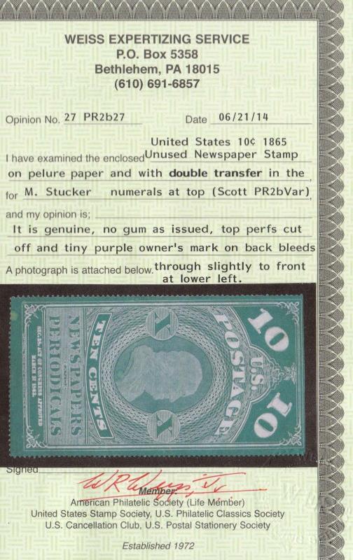 USA #PR2b VF Mint Double Transfer Variety On Pelure Paper