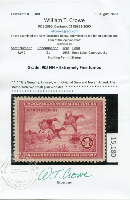 US SCOTT #RW2, Mint-Sup-Jumbo-OG-NH Graded 90J W/ Crowe Cert (DFP 8/24/20)