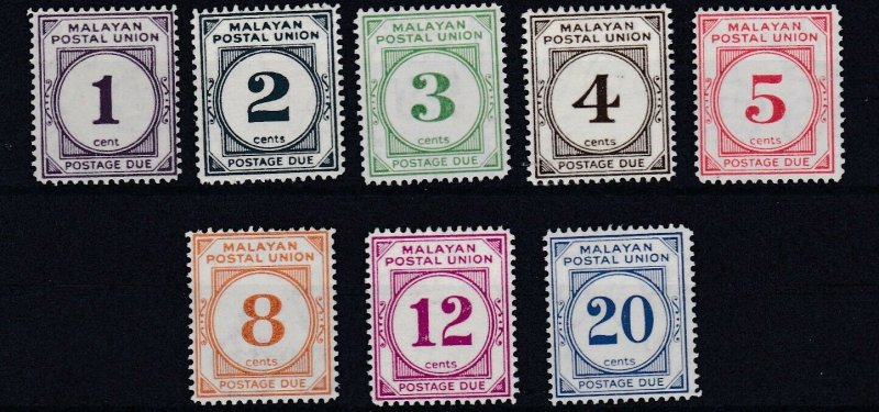 MALAYAN POSTAL UNION  1951 - 63    S G D14 - D21   SET OF 8 POSTAGE DUES   MH 