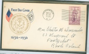 US 777 1936 3c Rhode Island Tercentenary (Roger Williams) on an addressed FDC with a Plimpton cachet