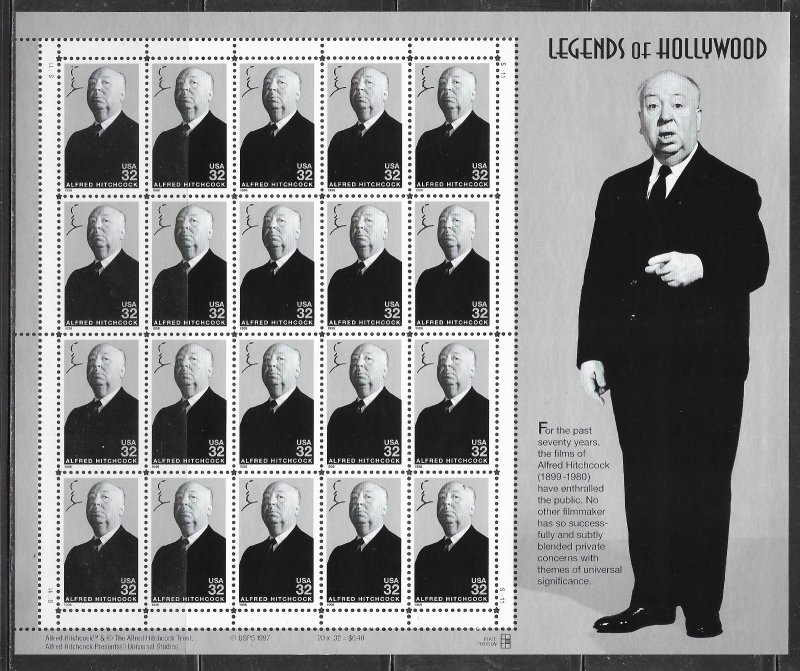 US 3226 MNH Pane - S1111 - Legends of Hollywood - Alfred Hitchcock (1899-1980) 