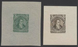 ARGENTINA 1888-91 Sc 77 TWO DIE PROOFS GREEN & BLACK ON DIFFERENT PAPERS F,VF 