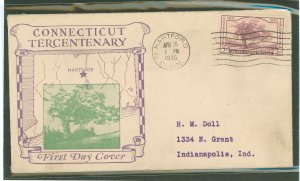 US 772 1935 3c Connecticut Tercentenary (Charter Oak) single on an addressed first day cover with a Hubbard cachet.