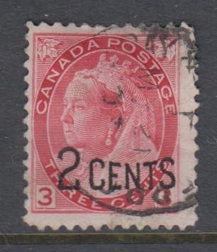 Canada -Scott 88 - QV Overprint Issue -1899 - FU - Single 2c on a 3c Stamp