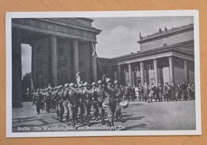 WW2 German Third Postcard Steel Helmet Soldiers Parade Brandenburg Gate Berlin