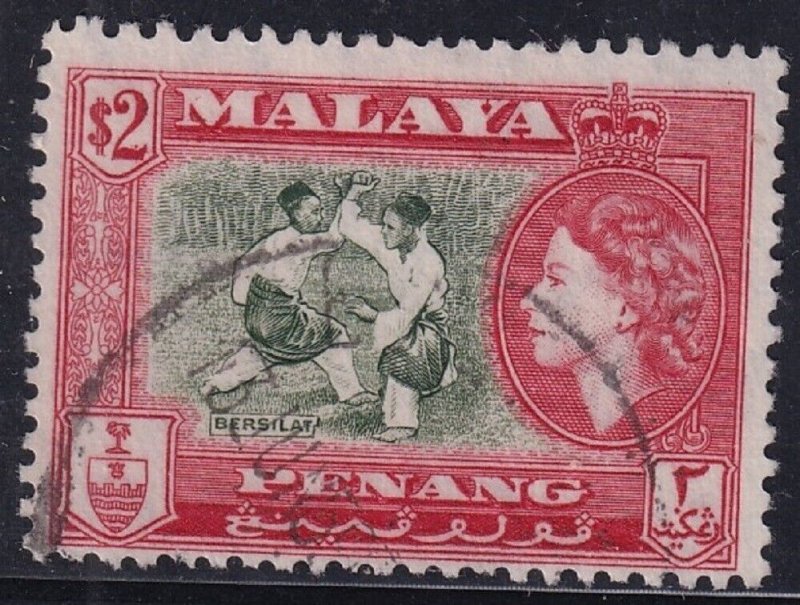 1957  PENANG MALAYA - SG:53 - $2  BRONZE GREEN & SCARLET  - USED 