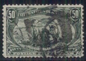 US #291 50¢ sage green, used w/bit heavy cancel, VF centering, Scott $210.00