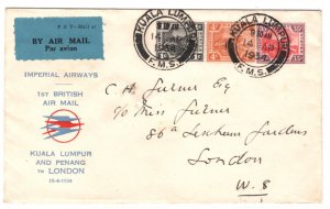 MALAYA FMS TIGERS Air Mail Cover FIRST FLIGHT Kuala Lumpur 1934 London MA1130