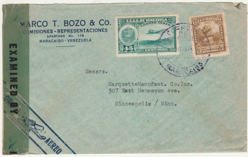 VENEZUELA 1944 AIRMAIL CENSOR COVER TO USA