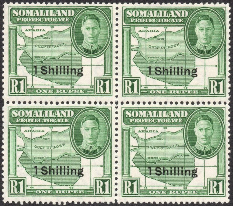 SOMALILAND-1951 1/- on 1r Green Block of 4 Sg 132 UNMOUNTED MINT V42927