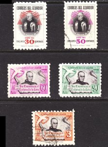 Ecuador Scott 582-83, C253-55 complete set F to VF used.  FREE...