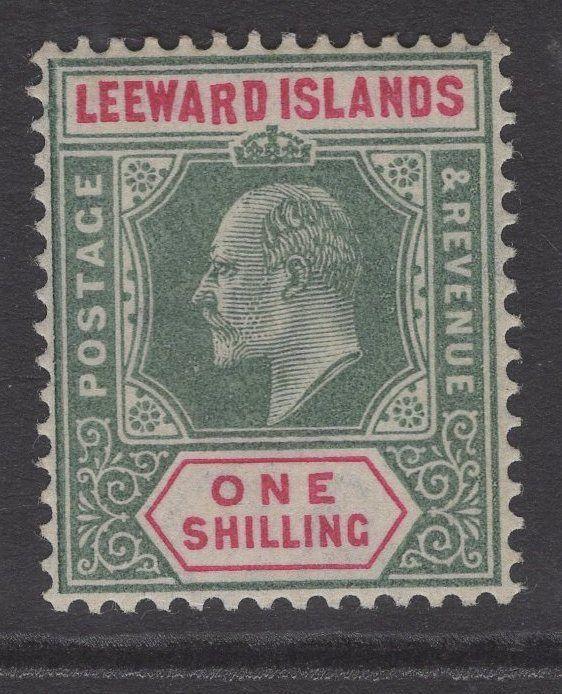 LEEWARD ISLANDS SG26a 1902 1/- GREEN & CARMINE DROPPED R MNH