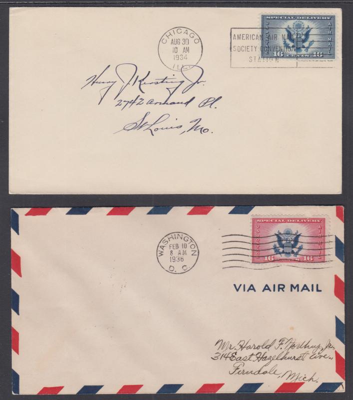 US Sc CE1, CE2 FDCs. 1934-36 Air Mail Special Delivery, clean & F-VF 