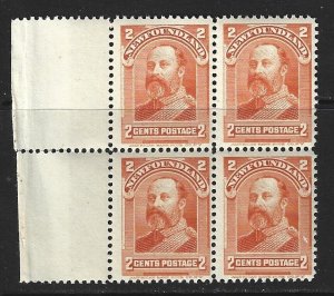 NEWFOUNDLAND - #81 - 2c KING EDWARD VII LEFT MARGIN BLOCK OF 4 MNH ROYAL FAMILY