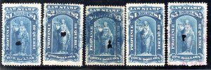 van Dam QL24-28, $1, $2, $3, $4 & $5, Used Quebec Law Revenue Stamps, Canada