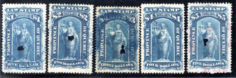 van Dam QL24-28, $1, $2, $3, $4 & $5, Used Quebec Law Revenue Stamps, Canada