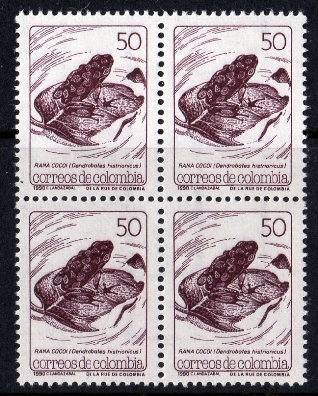 COLOMBIA 1990 Sc#998 ARROW FROG BLOCK OF 4 MNH