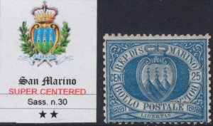 SAN MARINO - Sassone n.30 cv 180$ SUPER CENTERED MNH**