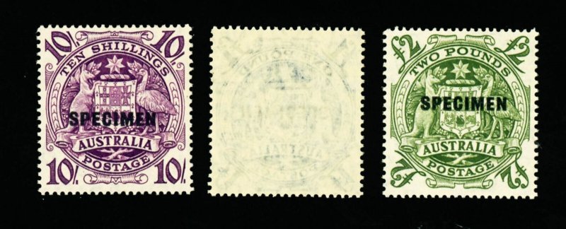 [AUSTRALIA] 1948: 10s / £1 / £2 SG 224bs + 224ds SPECIMEN set (MNH)