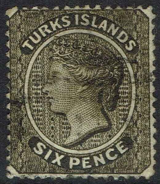 TURKS ISLANDS 1881 QV 6D WMK CROWN CC SIDEWAYS USED