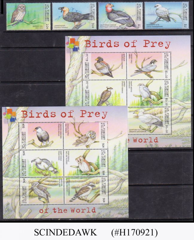 ST. VINCENT GRENADINES - 2001 BIRDS OF PREY - SET OF 4-STAMPS & 2-MIN/SHT MNH