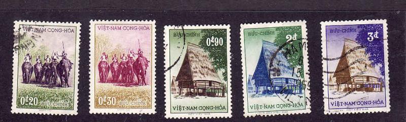 Republic of Viet Nam-Sc#63-7-used set-Hunters on Elephants-1957-please note #65