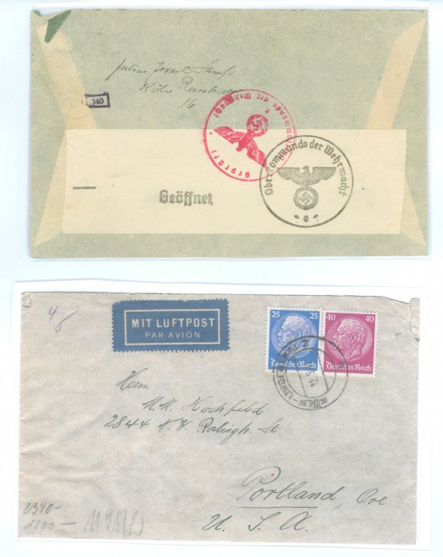 Germany 425/427 Germany Judaica Circa 1940/Censored cover mailed from Cologne to Portland, Oregon via air maul with NAZI Governm