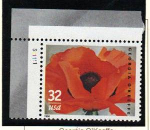 #3069 MNH plate # single 32c Georgia O'Keeffe 1996 Issue