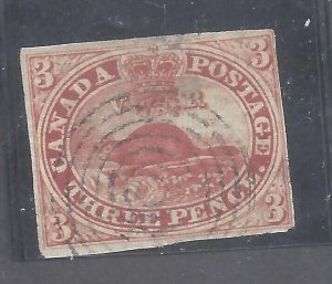 CANADA # 1 VF USED 1851 3d BEAVER IMPERFORATE LAID PAPER BS27880