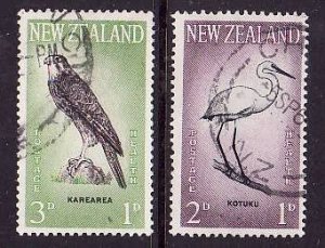 New Zealand-Sc#B61-2-used semi-postal set-Birds-Falcon-Great White Egret-1961-