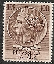 ITALY  661 MNH 1954 100 lire brn Italia Defin. (CV 175 Euro)